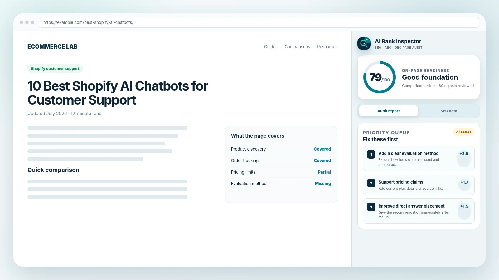 AI Rank Inspector SEO, AEO and GEO checker Chrome extension auditing a webpage in the browser side panel