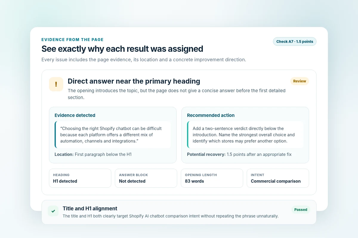 SEO, AEO and GEO checker evidence from the page showing the detected text, location and recommended action behind a result