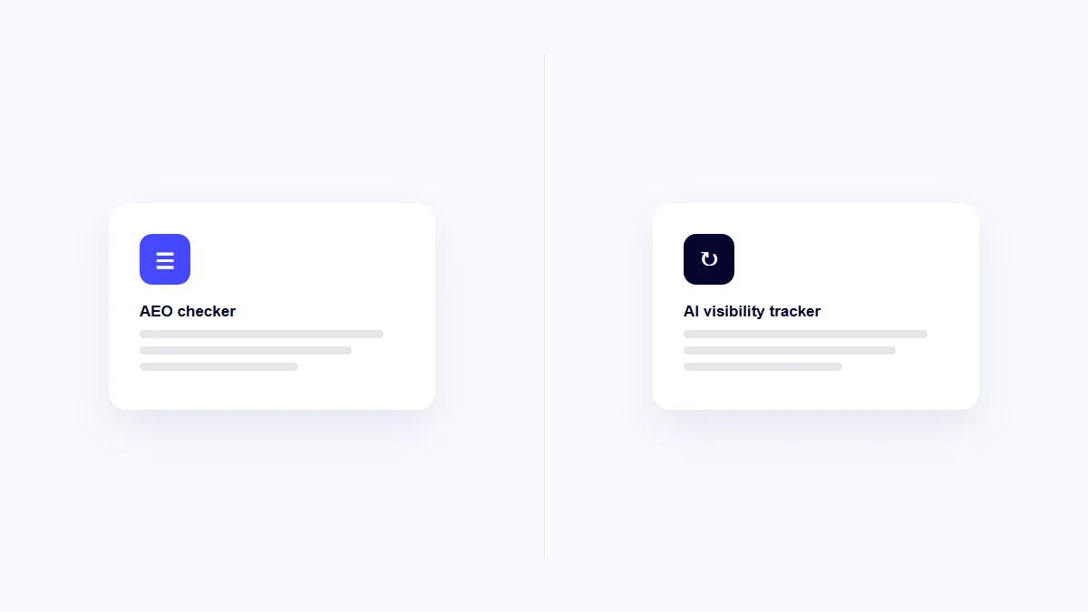 Split illustration showing a page-level AEO checker on one side and a platform-level AI visibility tracker on the other