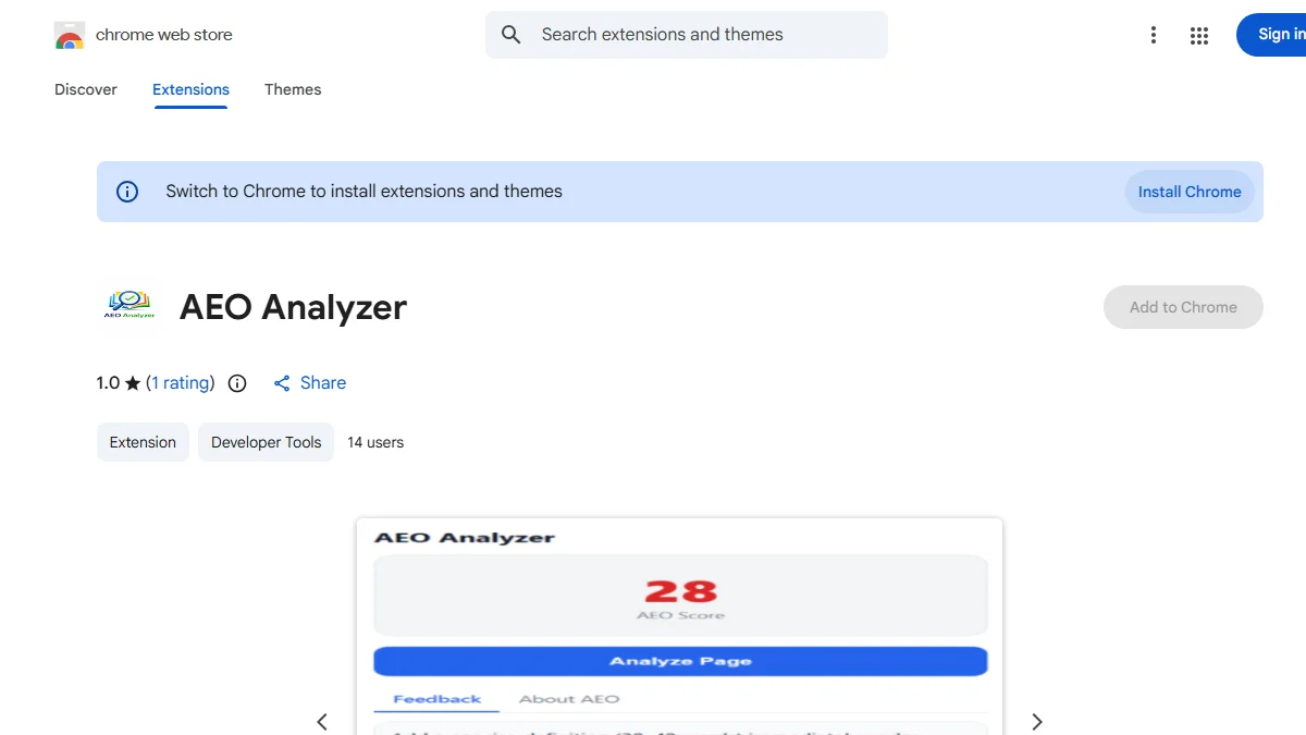 Real Chrome Web Store listing for AEO Analyzer showing its 1.0 star rating and 14 users