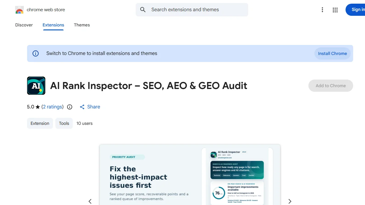 Real Chrome Web Store listing for AI Rank Inspector showing its 5.0 star rating and 10 users
