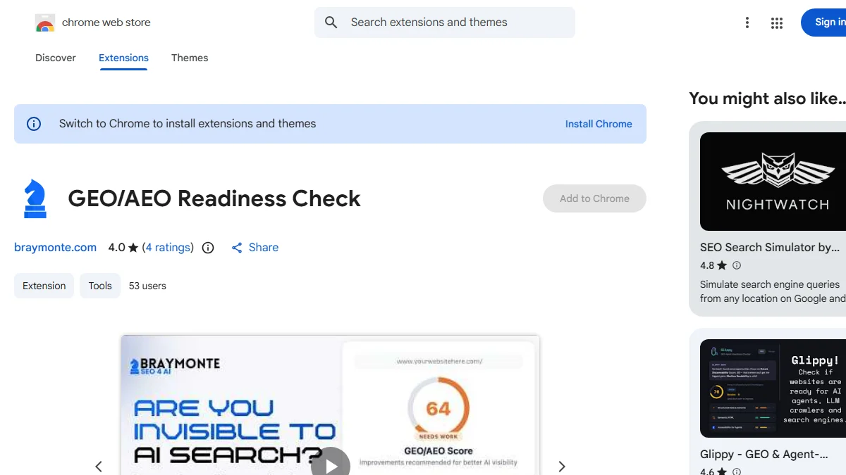 Real Chrome Web Store listing for GEO/AEO Readiness Check showing its 4.0 star rating and 53 users