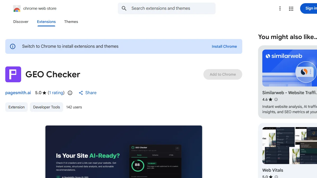 Real Chrome Web Store listing for GEO Checker by Trustdom Oy showing its 5.0 star rating and 142 users