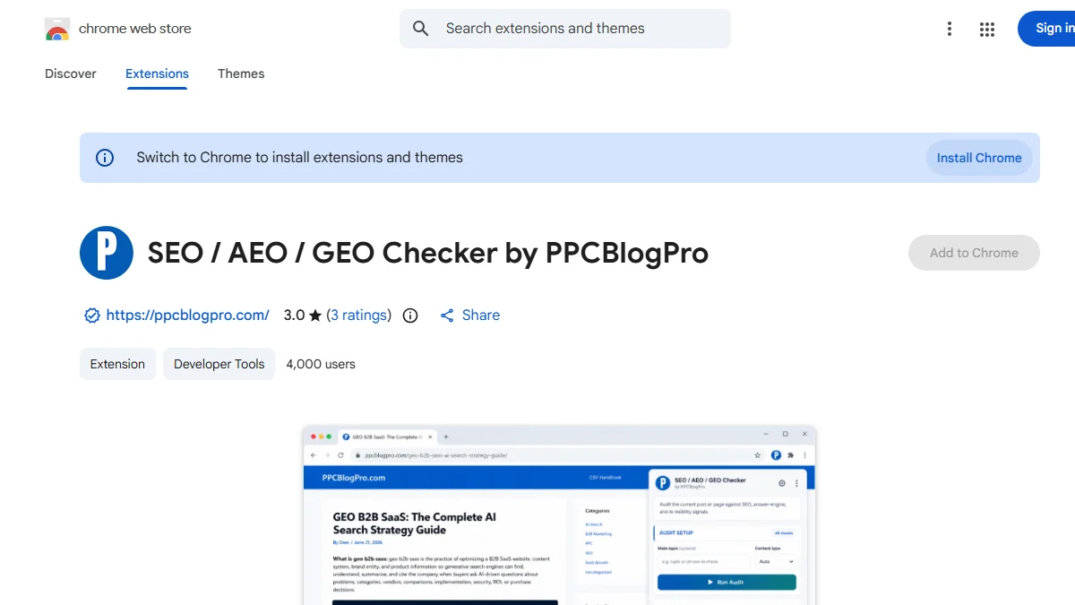 Real Chrome Web Store listing for SEO AEO GEO Checker by PPCBlogPro showing its 3.0 star rating and 4,000 users