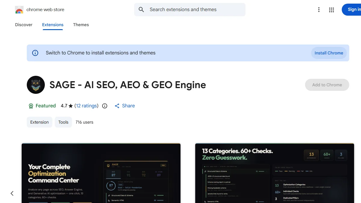 Real Chrome Web Store listing for SAGE AI SEO, AEO and GEO Engine showing its 4.7 star rating and 716 users