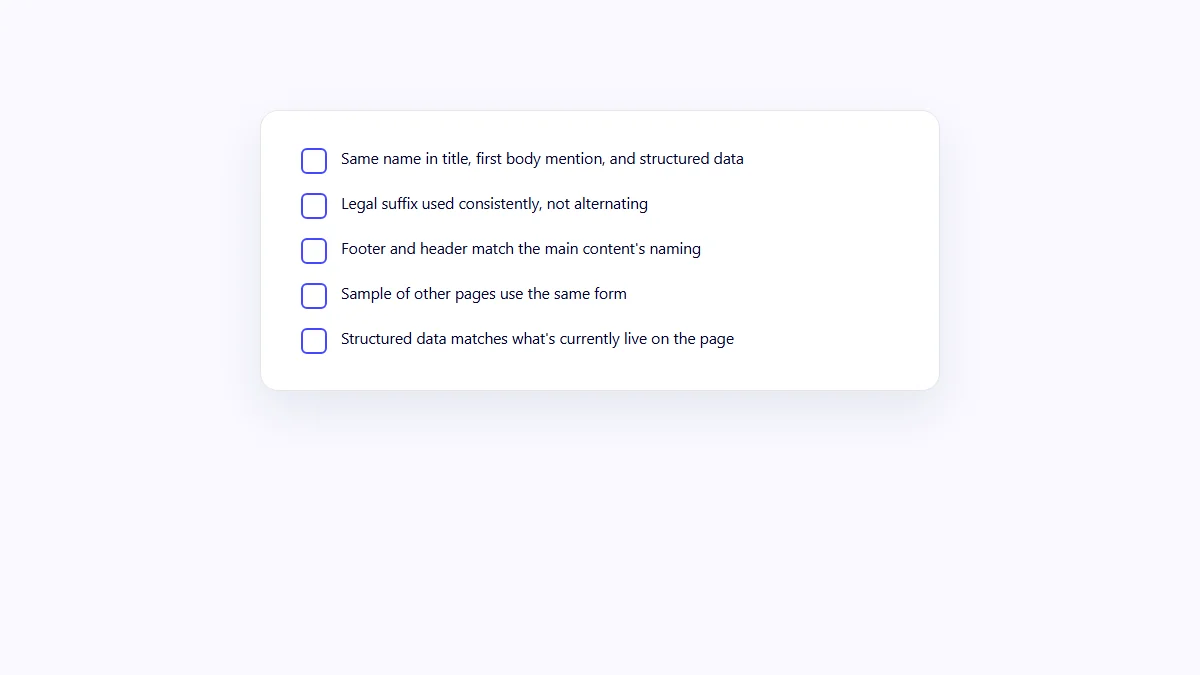 Checklist visual for auditing entity name consistency across a page's title, body, footer and structured data