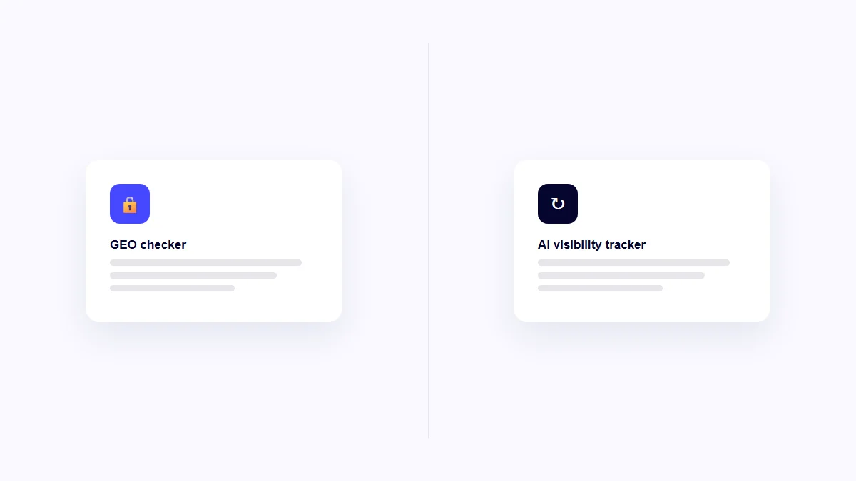 Split illustration showing a page-level GEO checker on one side and a brand-level AI visibility tracker on the other