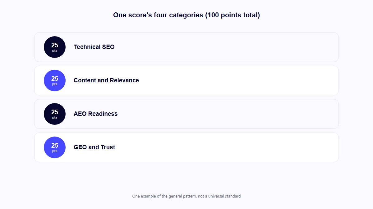 Four-category GEO score breakdown showing Technical SEO, Content and Relevance, AEO Readiness, and GEO and Trust each worth 25 points