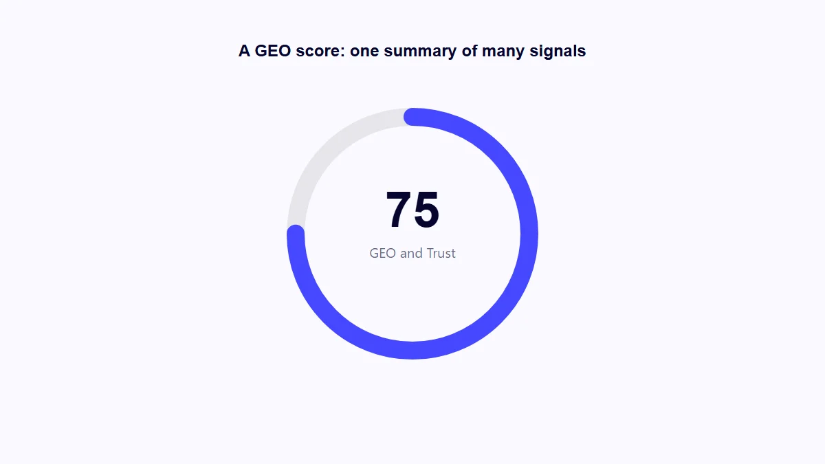 GEO score illustration showing a webpage's entity clarity and sourcing signals rolling up into a summary score