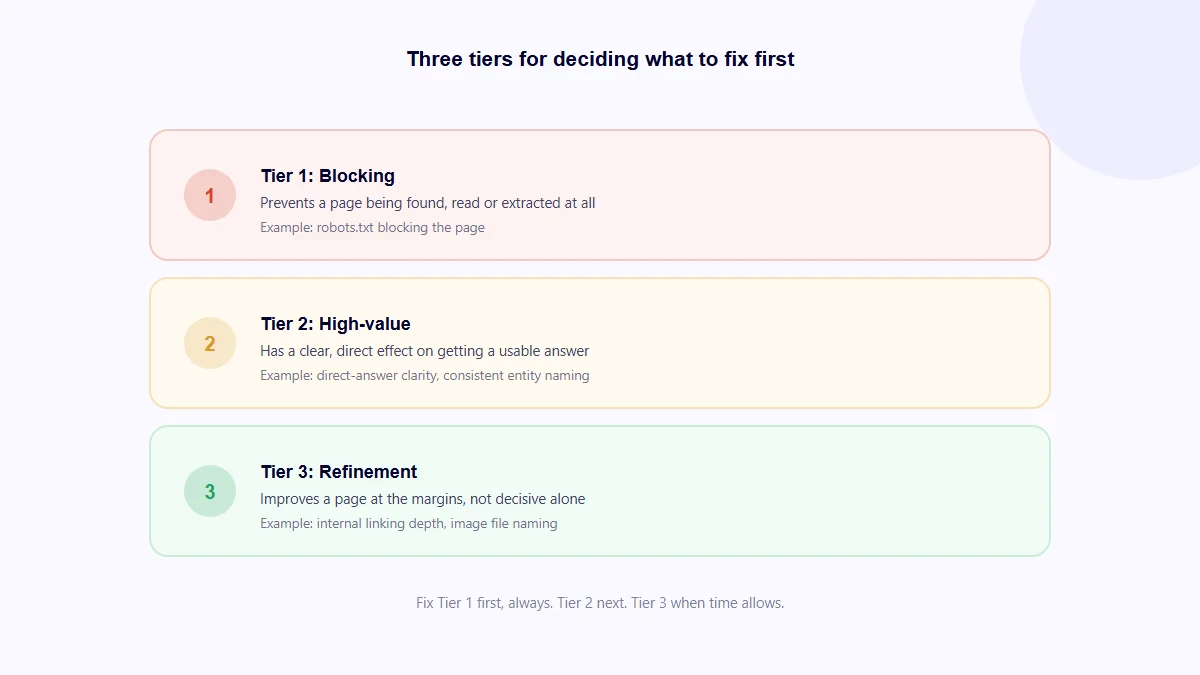 Three-tier framework for prioritising SEO, AEO and GEO signals before publishing, from blocking issues to refinements