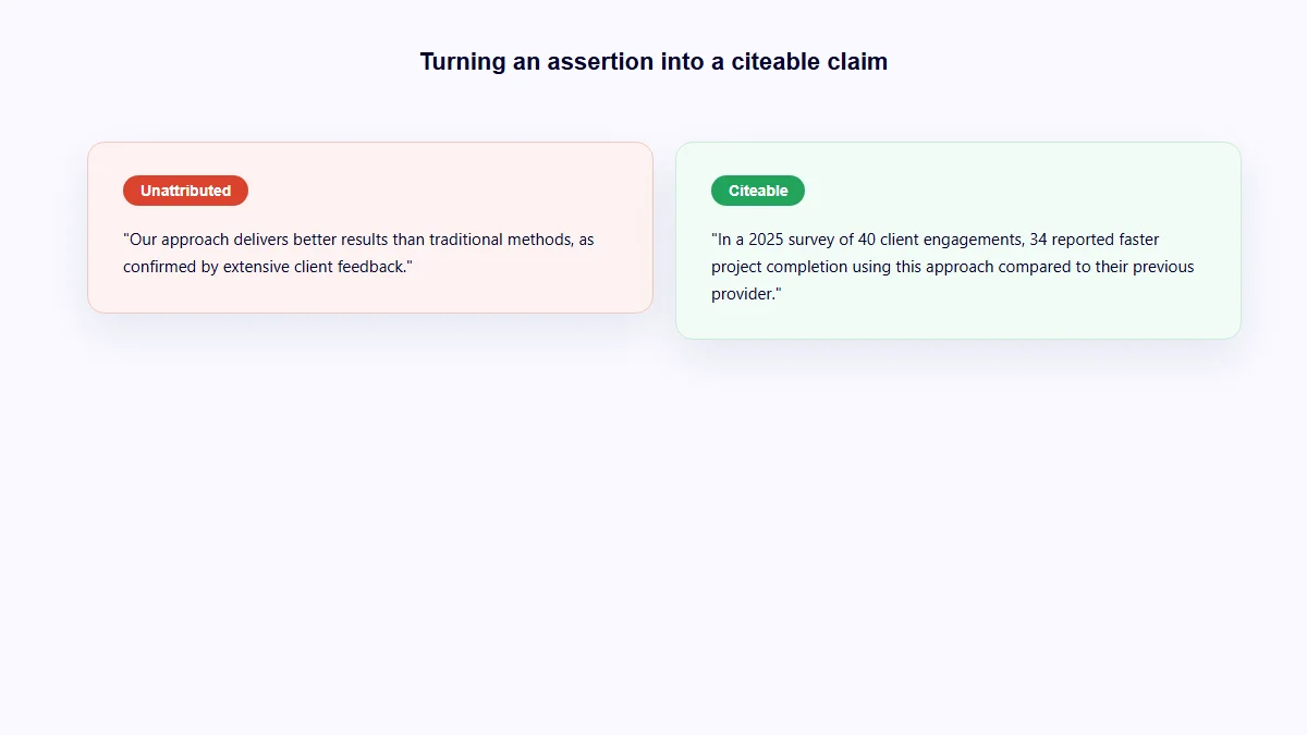 Before and after example showing an unattributed assertion rewritten as a specific, citeable claim