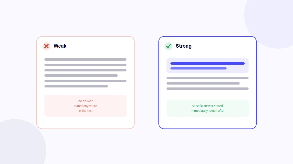 Side-by-side example comparing a weak and a strong direct answer for AEO