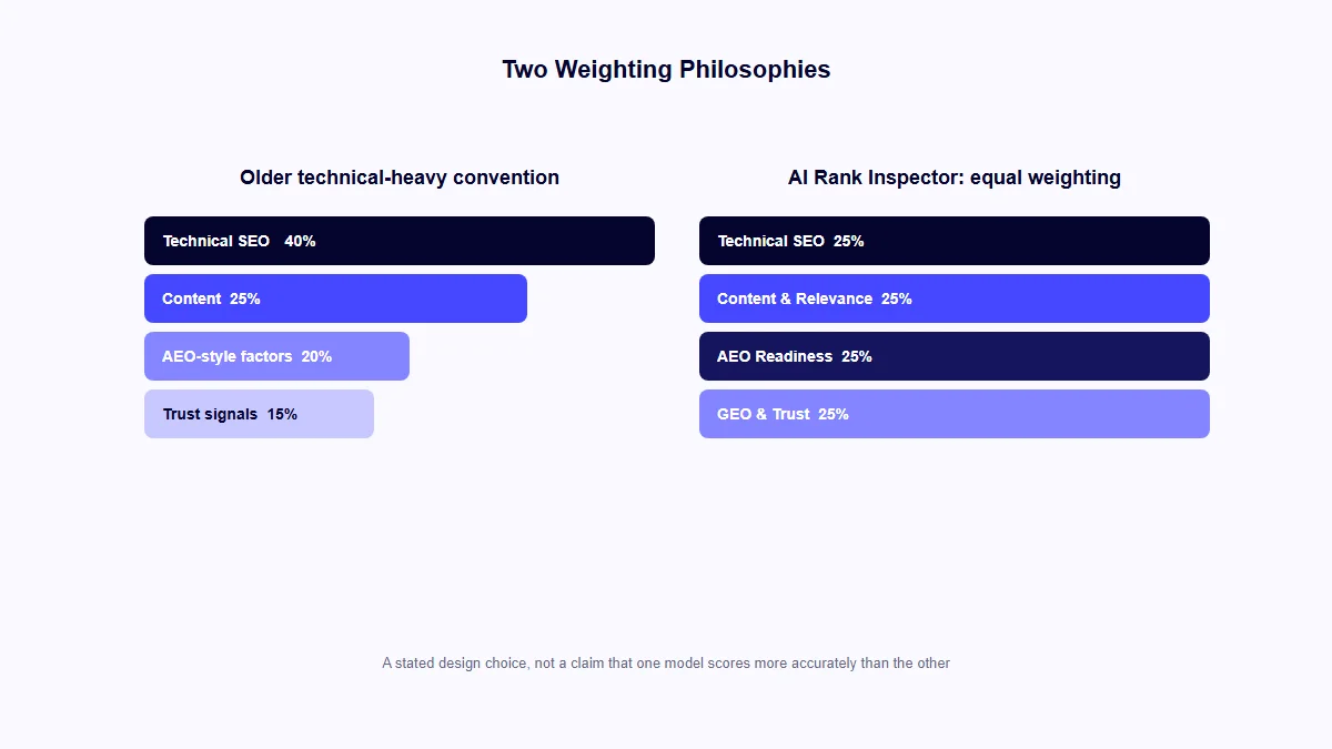 Comparison of an older technical-SEO-heavy weighting convention against AI Rank Inspector's equal 25 percent weighting across four disciplines
