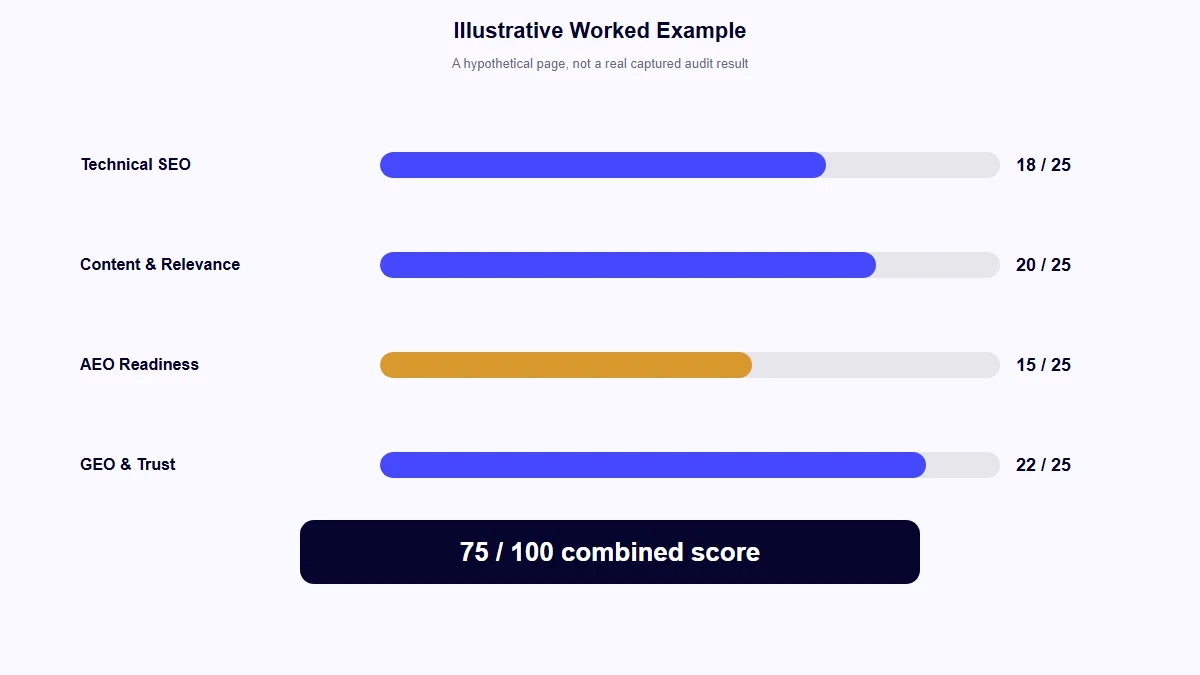 Illustrative worked example showing a hypothetical page scoring 18 of 25 on Technical SEO, 20 of 25 on Content and Relevance, 15 of 25 on AEO Readiness and 22 of 25 on GEO and Trust for a combined 75 out of 100