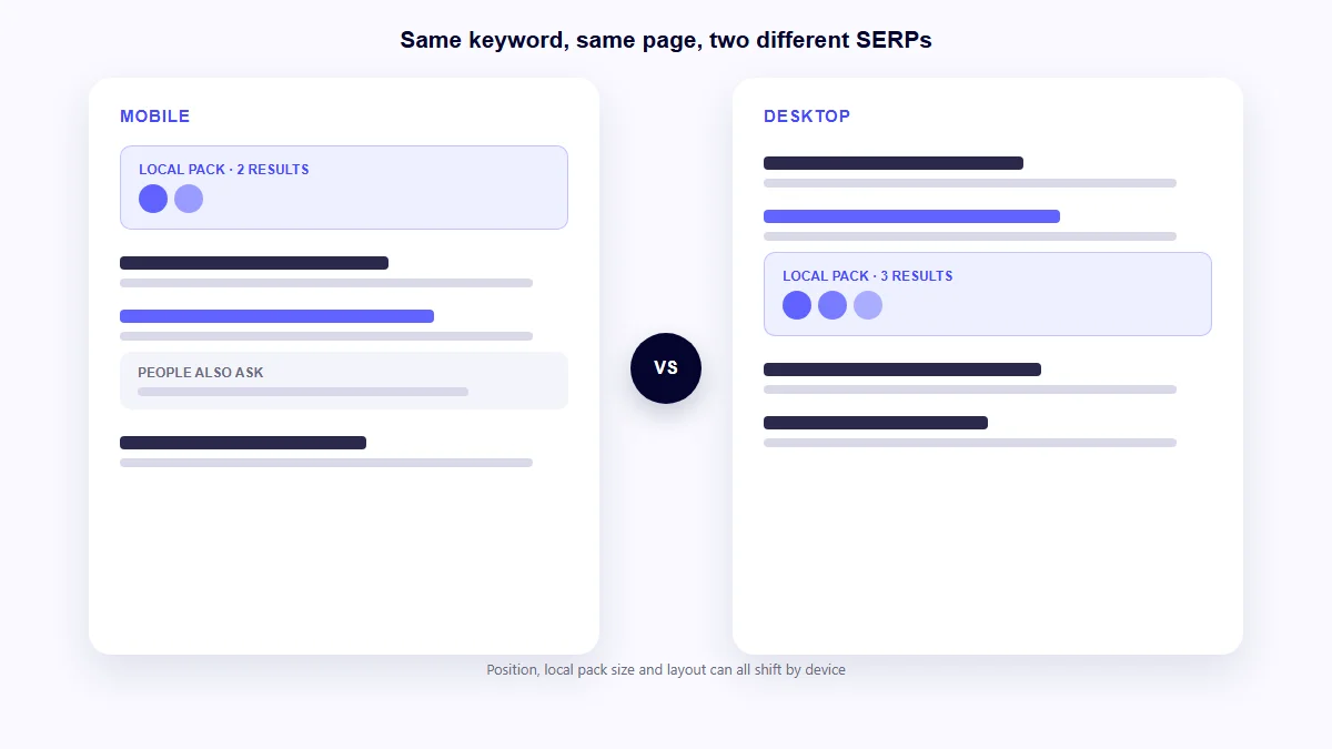 Split illustration comparing a mobile search results page with a desktop search results page for the same query