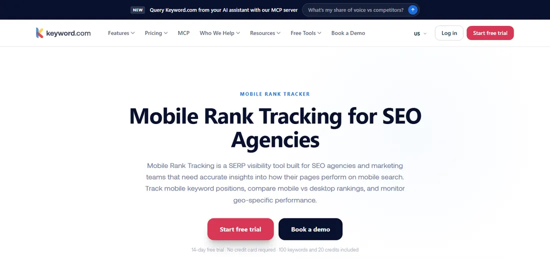 Keyword.com's dedicated Mobile Rank Tracker feature page