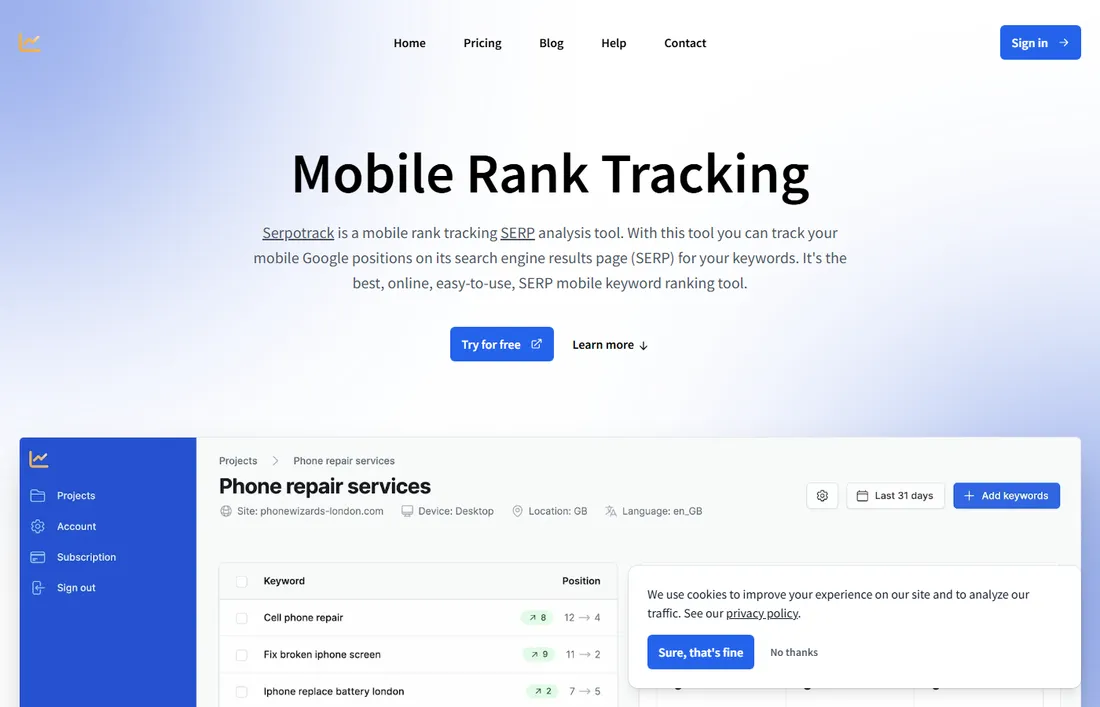 Serpotrack's mobile rank tracking product page