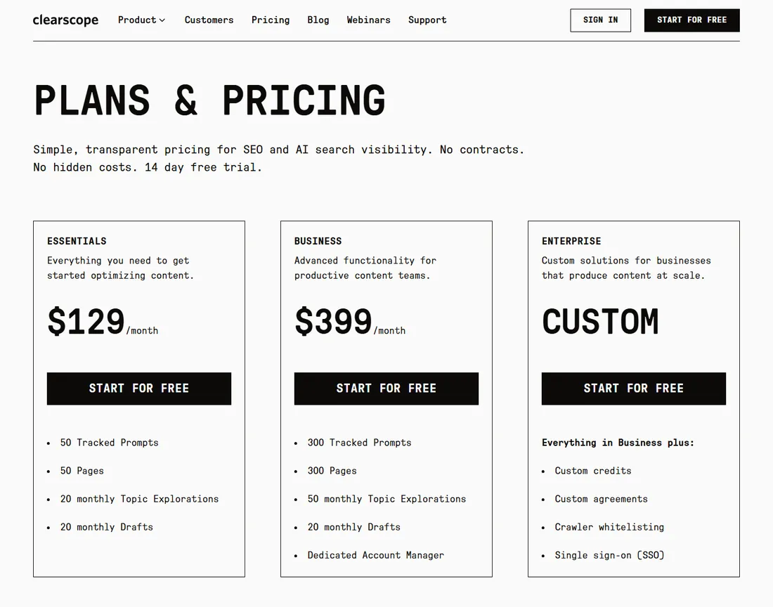 Clearscope plans and pricing page showing Essentials, Business and Enterprise tiers