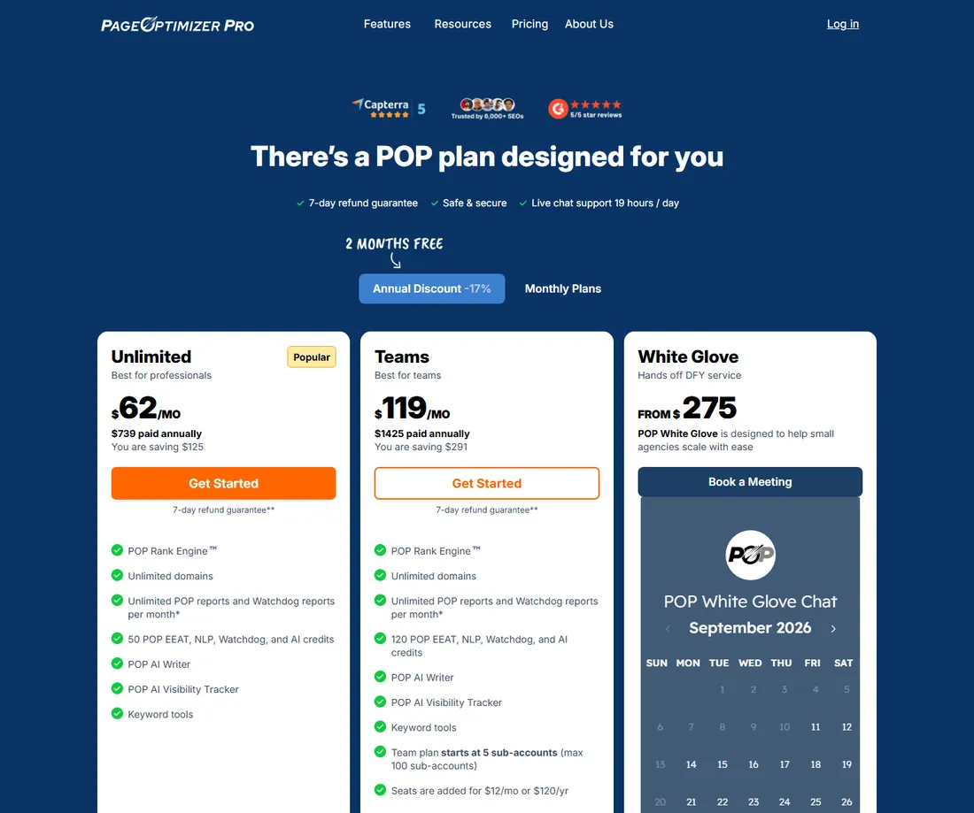 PageOptimizer Pro pricing page showing its Unlimited, Teams and White Glove plans