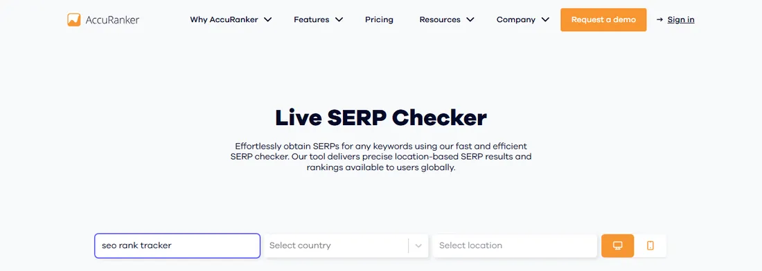 AccuRanker's free Live SERP Checker tool interface