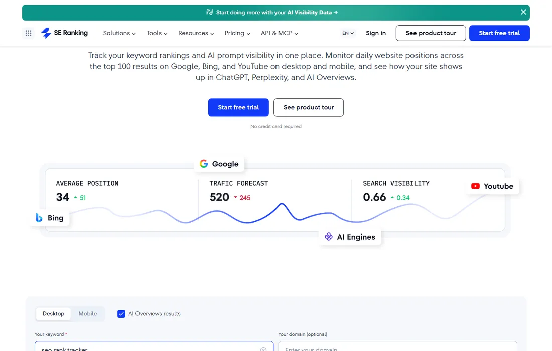 SE Ranking's rank checker showing its AI Overviews tracking toggle