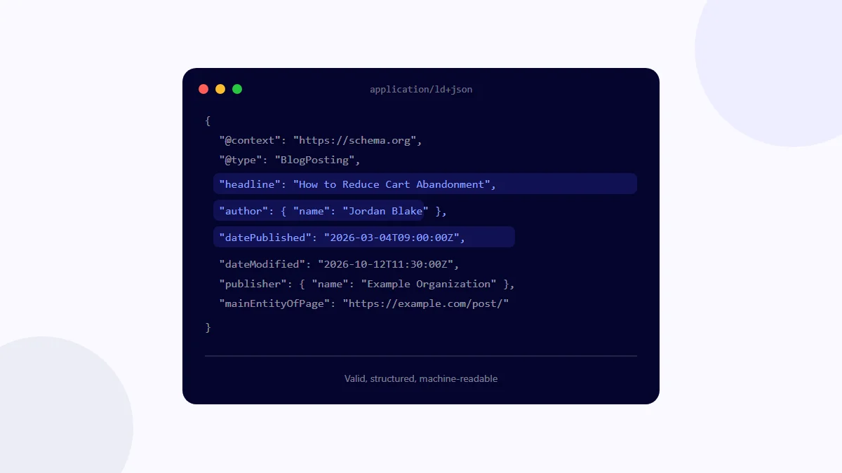 Illustration of a JSON-LD structured data code block with key fields highlighted